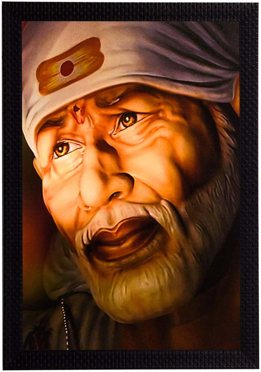 希迪 Sai Baba 近距離畫像 壁紙 — 一位戴白色頭巾和鬍鬚的老年男子的特寫油畫，眼睛睜得大大的，處於強烈情感時刻。