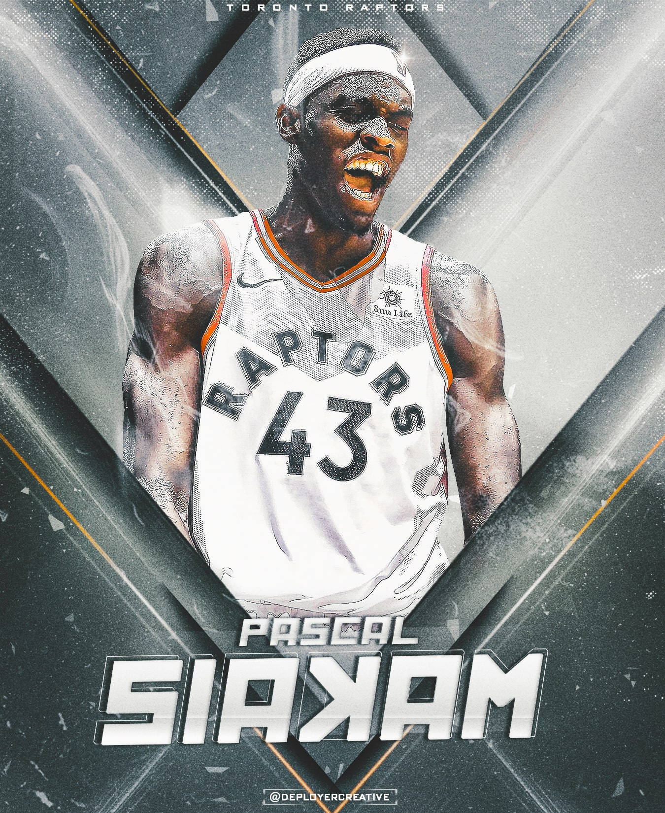籃球運動員 Pascal Siakam 身穿多倫多速龍隊球衣，被發光幾何設計框住。