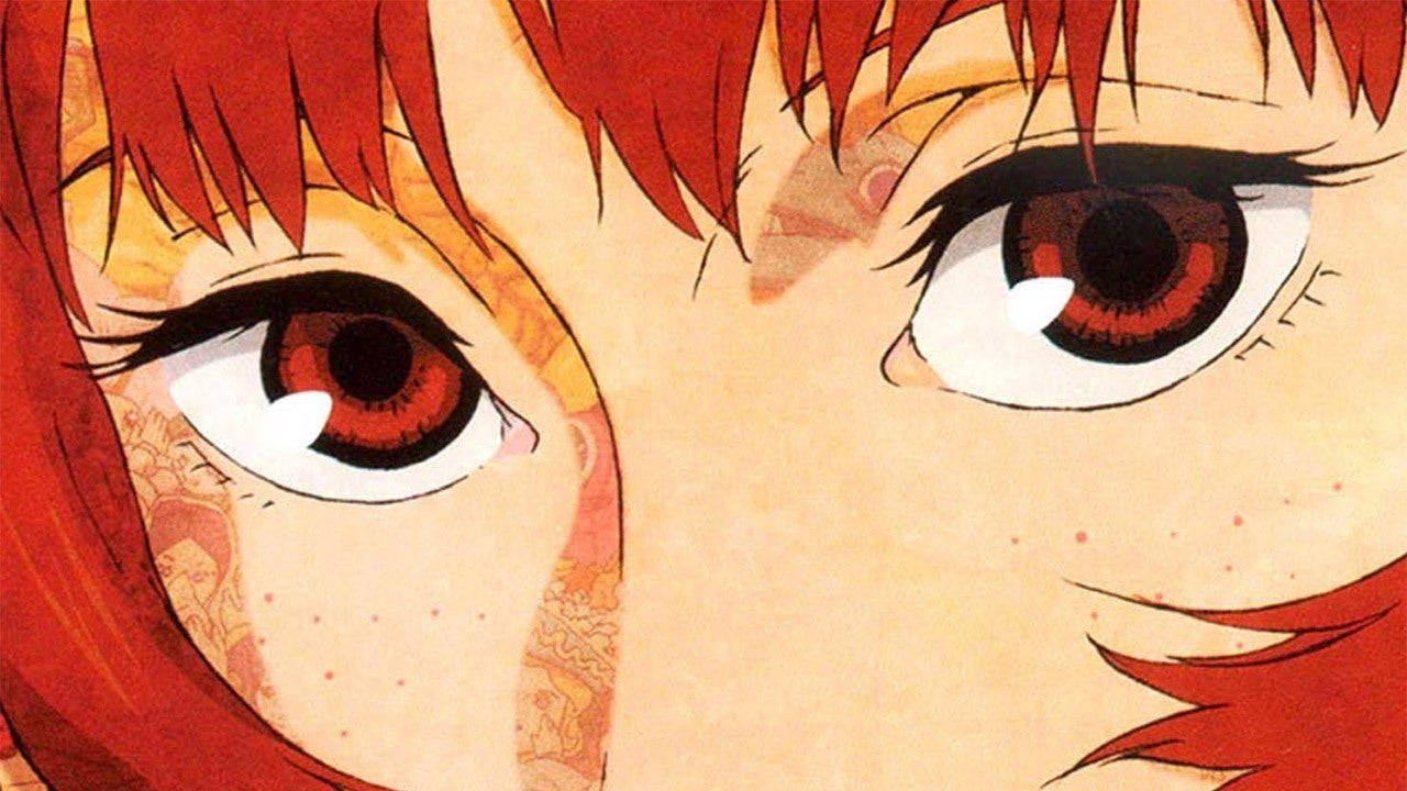 帕普里卡的雙眼：細田守《紅辣椒》特寫 壁紙 — 動漫角色強烈的紅色眼睛、火焰般的頭髮和細緻的面部特徵的特寫。
