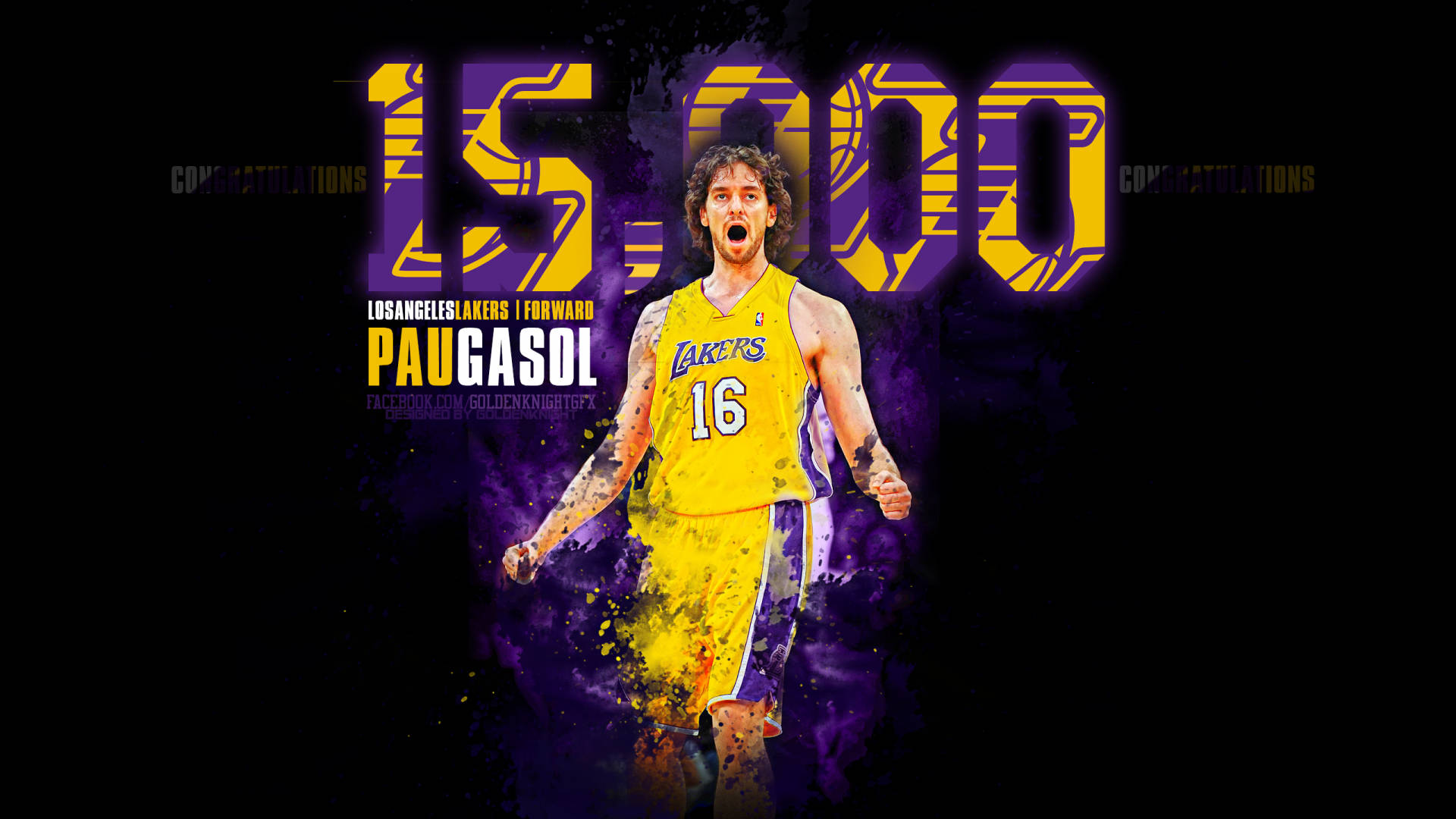 Pau Gasol 身穿湖人球衣，在紫色和黃色潑濺背景上慶祝 15000 分。