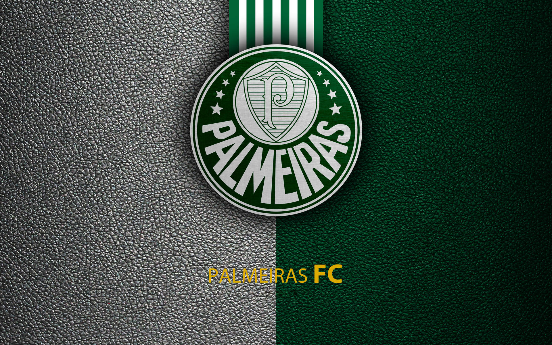 Palmeiras FC 標誌在綠色和白色皮革背景上，附有球隊名稱。