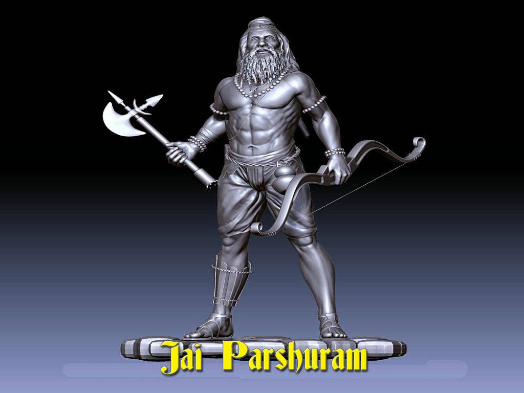 金屬鬍鬚戰士雕像，手持斧頭和弓，帶有「Jai Parshuram」文字。