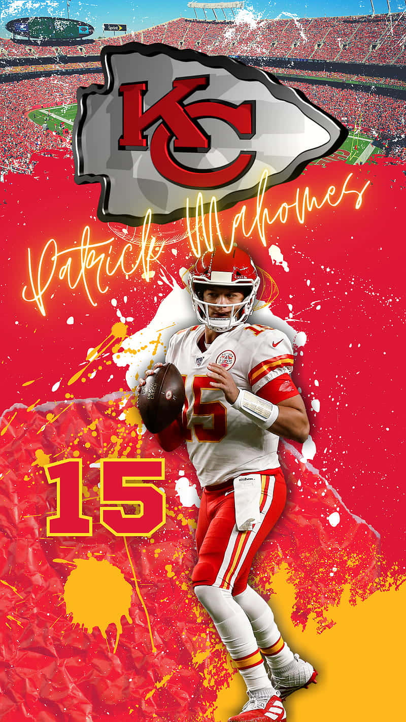 Patrick Mahomes 身穿堪薩斯城酋長隊球衣，在鮮豔的紅黃背景中手持橄欖球。