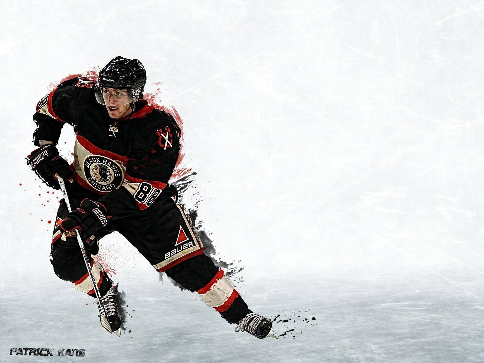 Patrick Kane 穿著 Blackhawks 制服在冰上溜冰，帶有顏料潑濺效果。