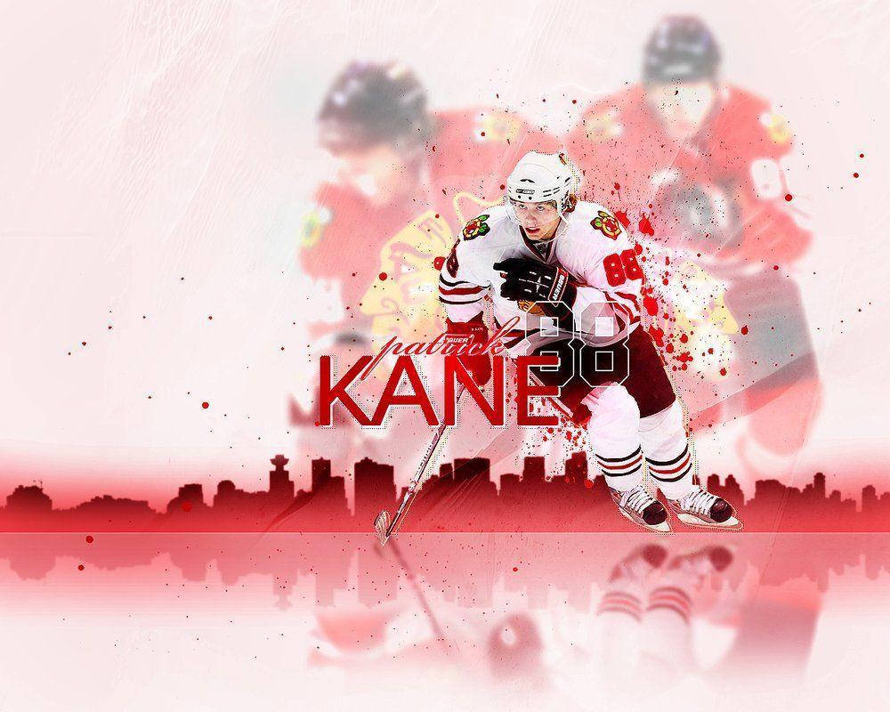 冰球運動員 Patrick Kane 身穿紅白制服，背景為城市天際線。