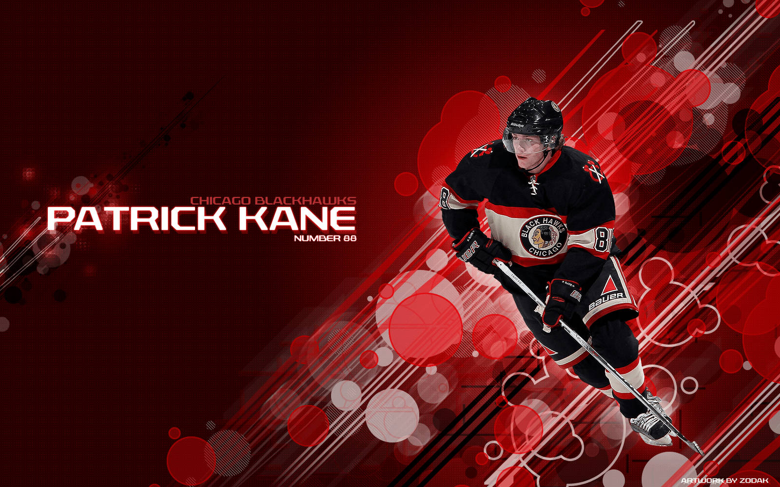 Patrick Kane 身穿黑鷹隊制服，搭配紅色抽象動態圖形滑冰。