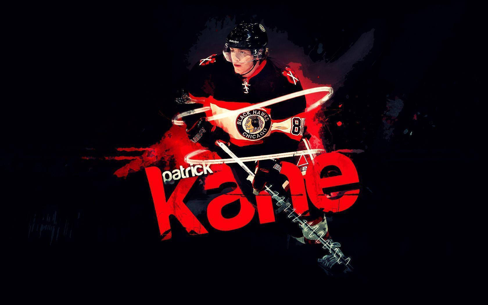 Patrick Kane 身穿黑鷹隊制服，帶有紅色發光效果和風格化名字。