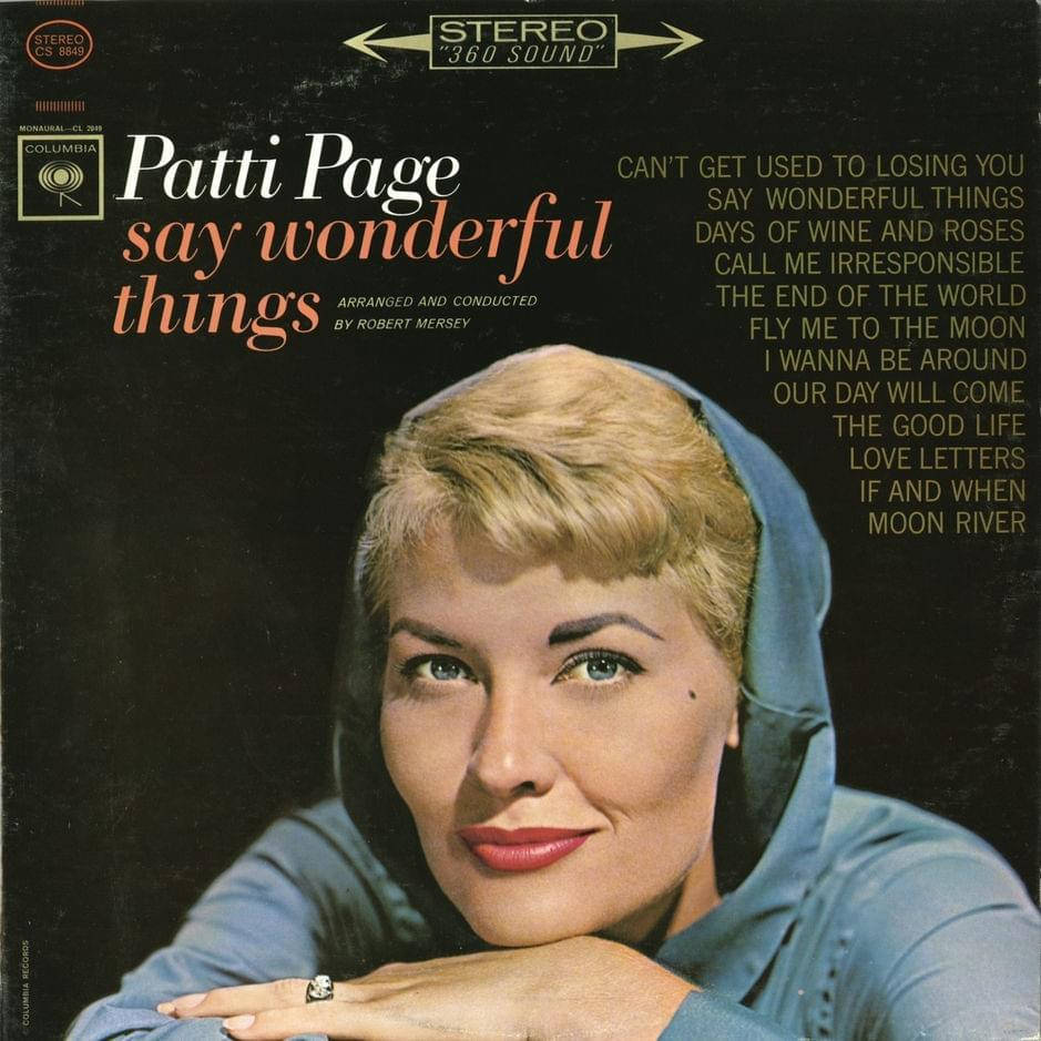 Patti Page 穿著藍色服裝，在復古專輯封面上與歌曲標題一起。