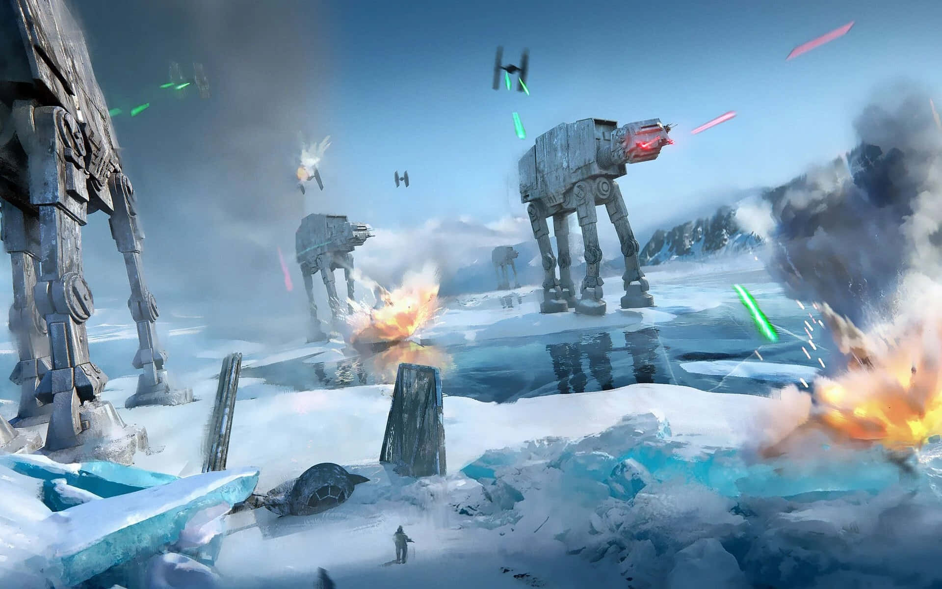 Battle Of Hoth 桌布 壁紙 — 帝國AT-AT步行機在冰凍地形上與星際戰鬥機交戰，爆炸和激光火光照亮了冰封的戰場。