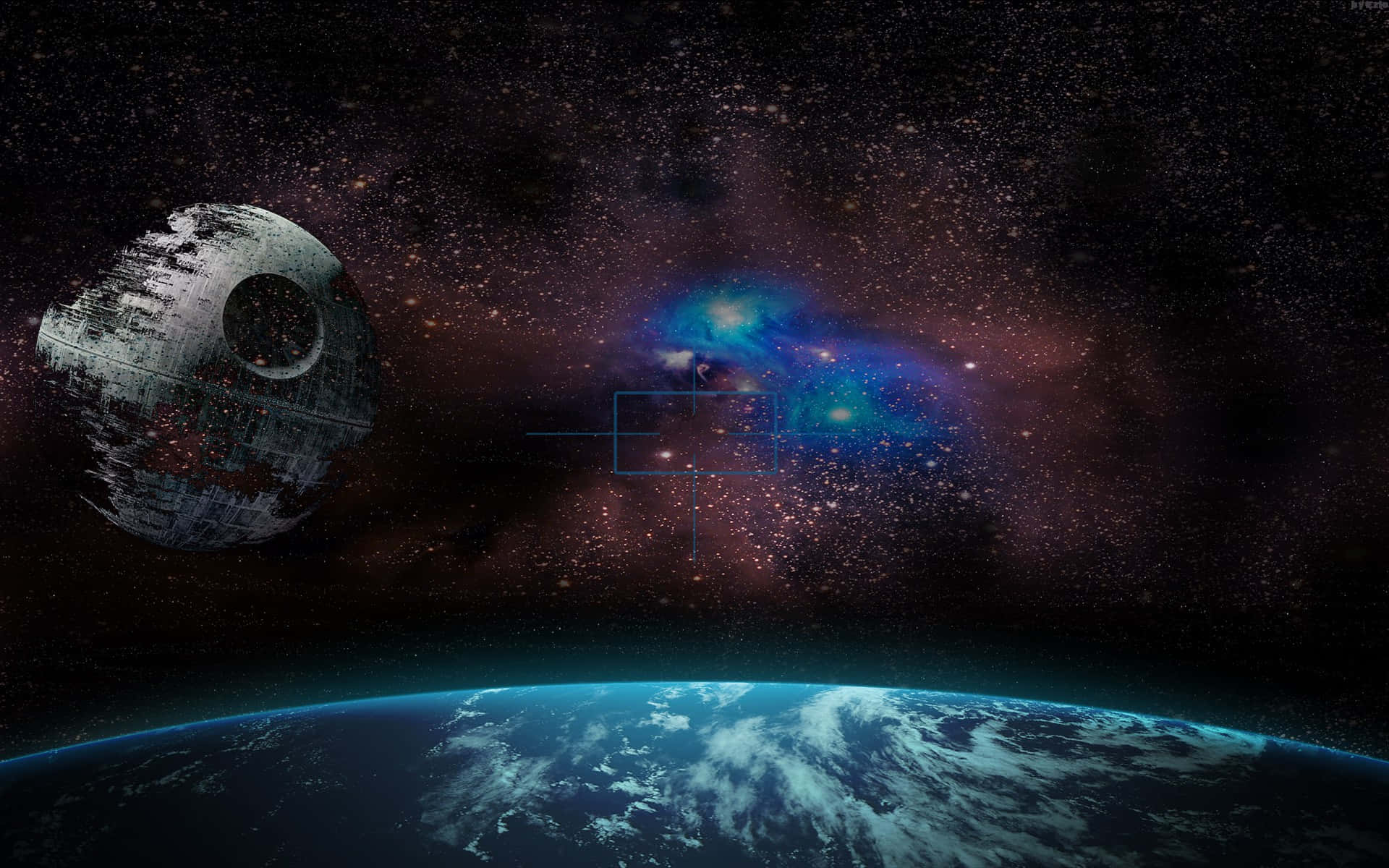 帝國之心——死星 壁紙 — 死星籠罩地球，同時一個充滿活力的星雲在宇宙背景中發光。