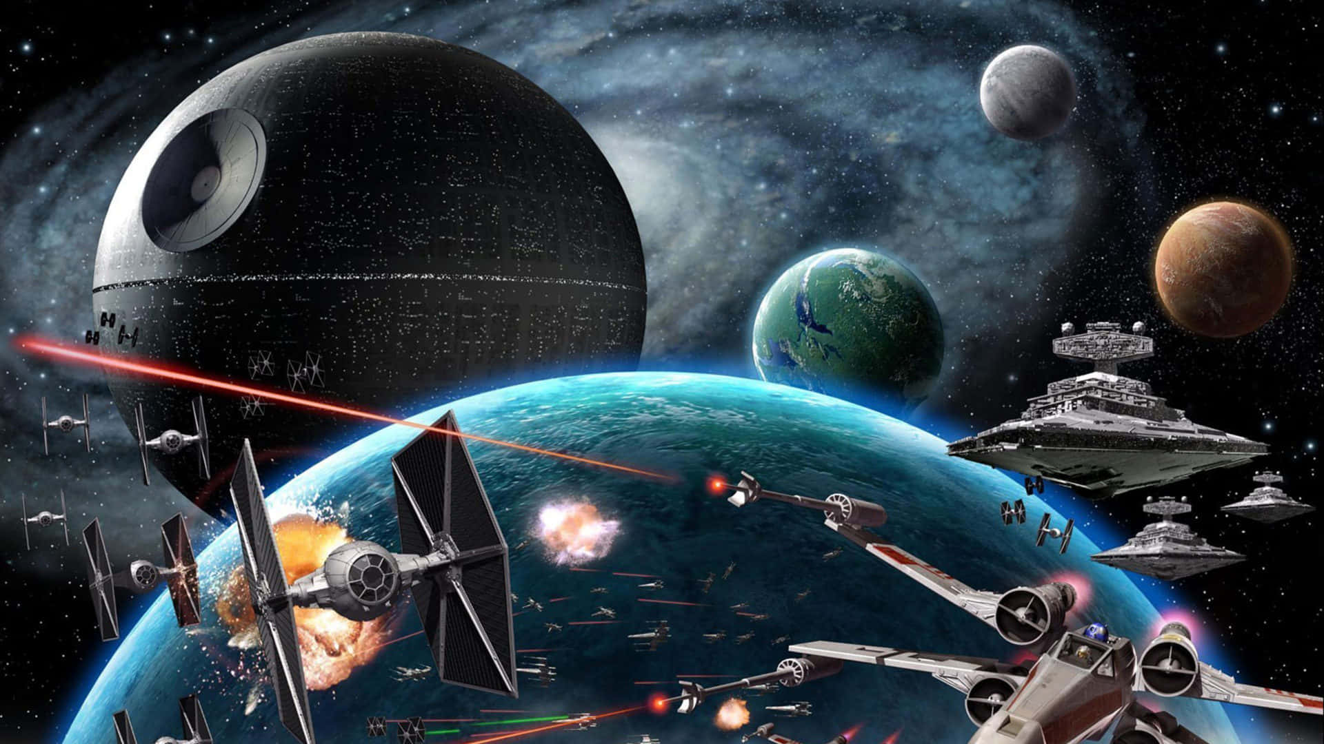 星際戰機在藍色行星上空戰鬥，死星在太空中若隱若現。