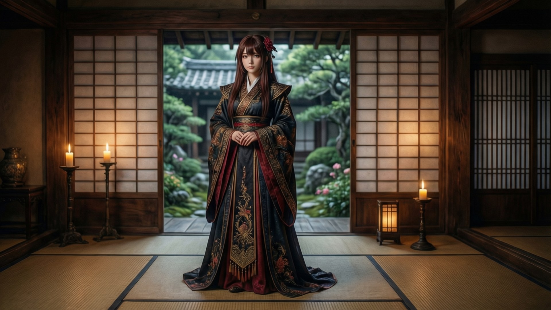 一位穿著傳統日本長袍的女性，在燭光房間中，可看到花園景色。