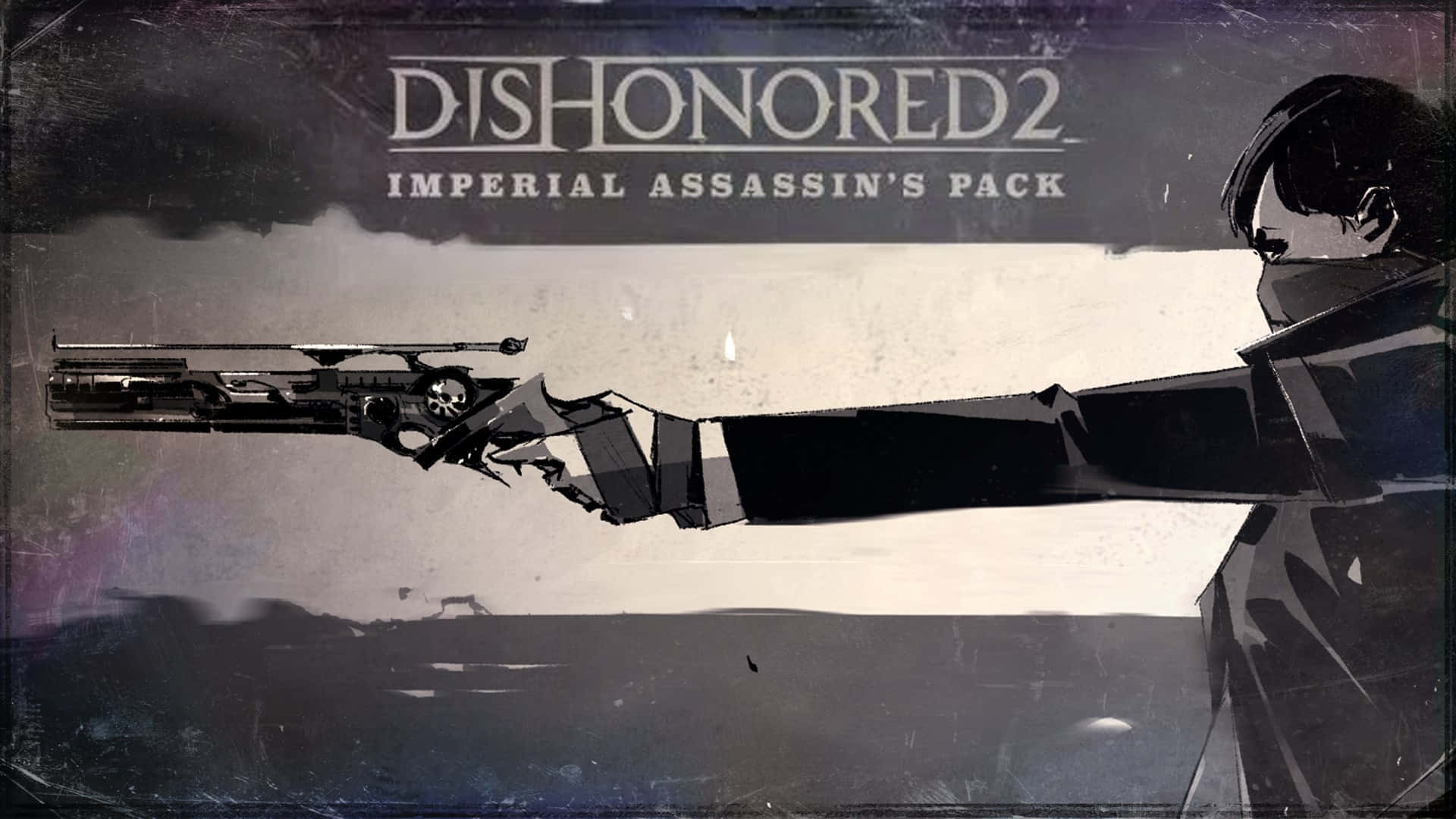 帝國刺客包最佳《Dishonored 2》背景 壁紙 — 一個風格化的刺客穿著深色外套，在粗糙紋理背景和遊戲標題文字前瞄準一把未來手槍。