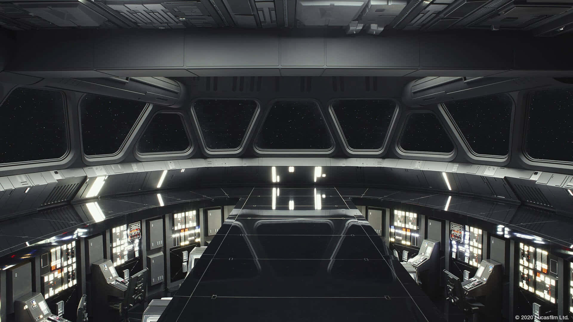 未來主義太空船艦橋，帶有發光面板和滿是星星的窗戶。