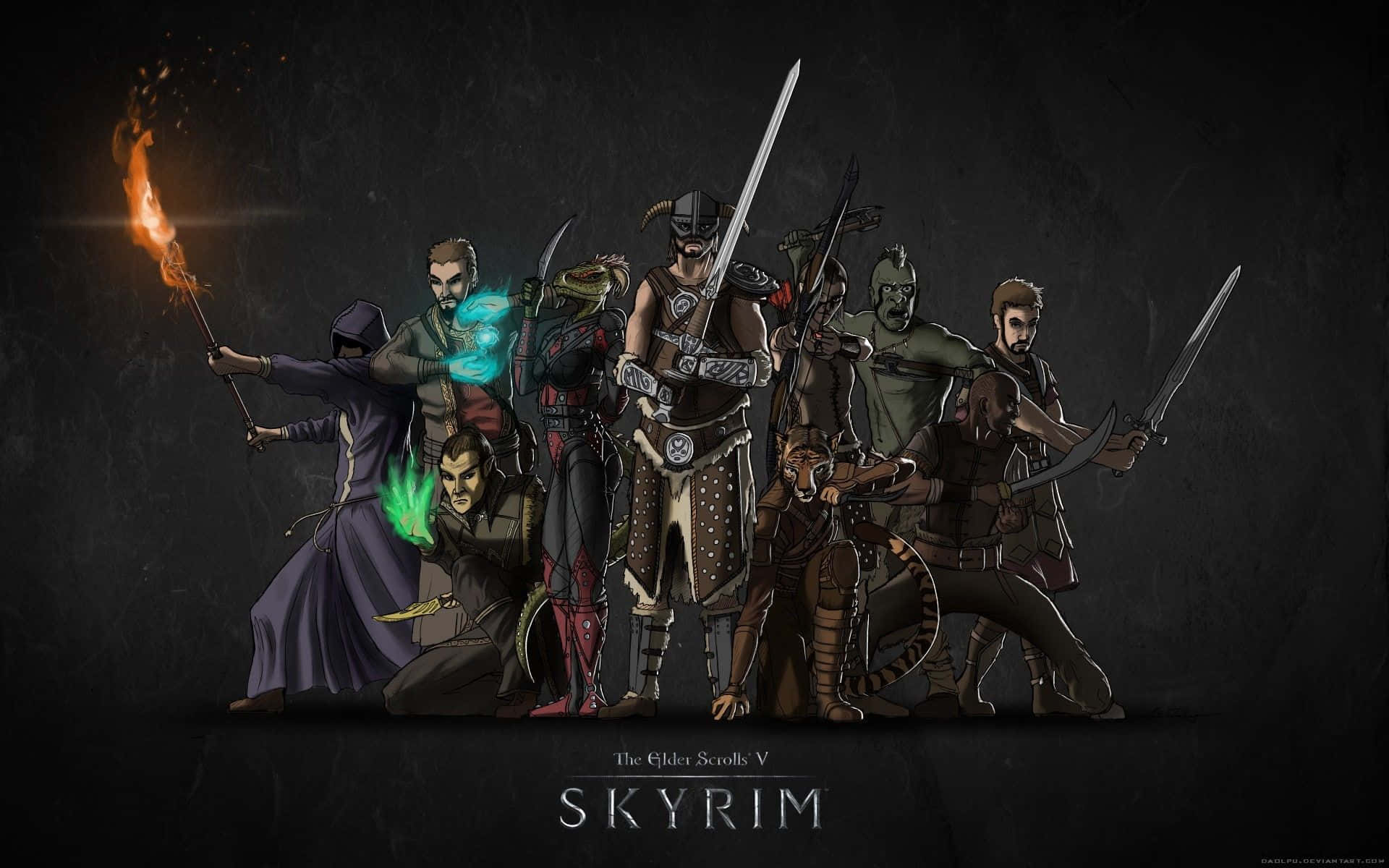 一群 Skyrim 戰士和法師，帶著發光的武器和魔法。