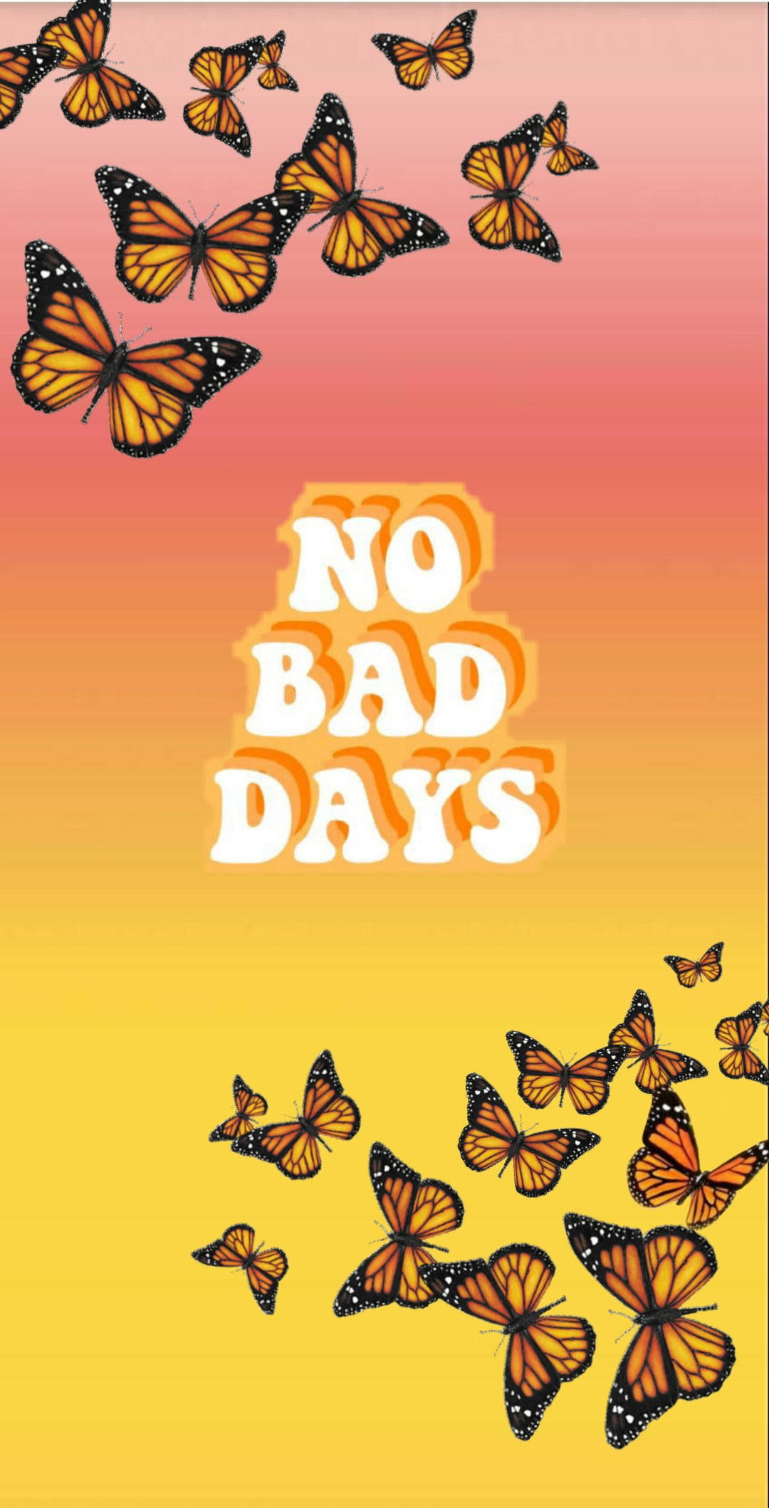 蝴蝶在色彩繽紛的天空下圍繞著振奮人心的文字飛舞，文字寫著no bad days。 — 唯美蝴蝶動圖 壁紙