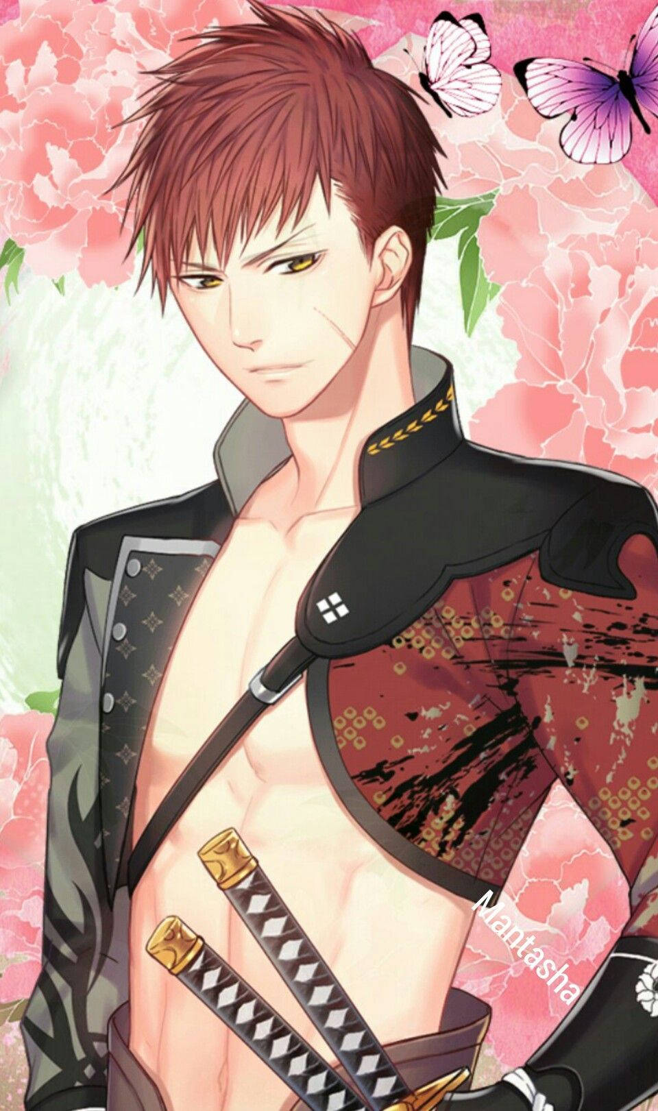 帥氣動漫男孩 Destiny Ninja 2 Kaito 壁紙 — 一位英俊的動漫男子，紅髮金眼，身穿黑色外套，手持兩把劍，背景是粉紅色的牡丹和蝴蝶。