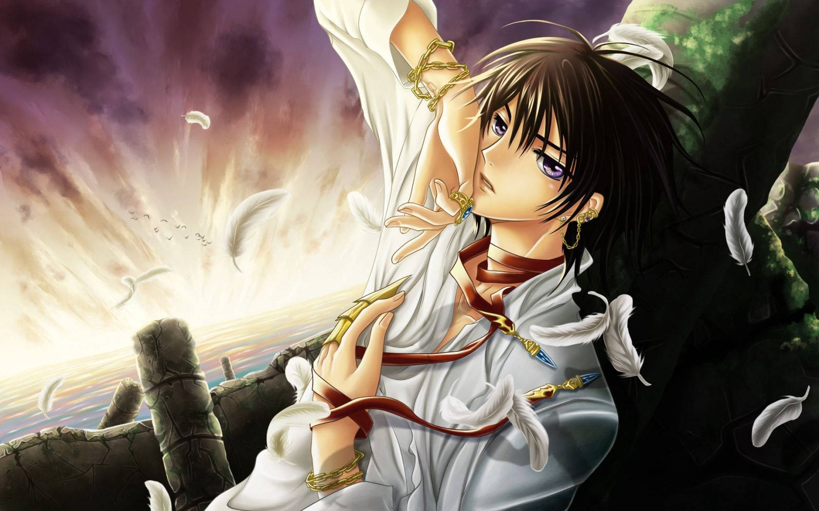 帥氣動漫男孩 Lelouch 壁紙 — 動漫角色，黑髮紫眼，身穿白色長袍，站在廢墟上，羽毛在火紅的夕陽天空下飄舞。