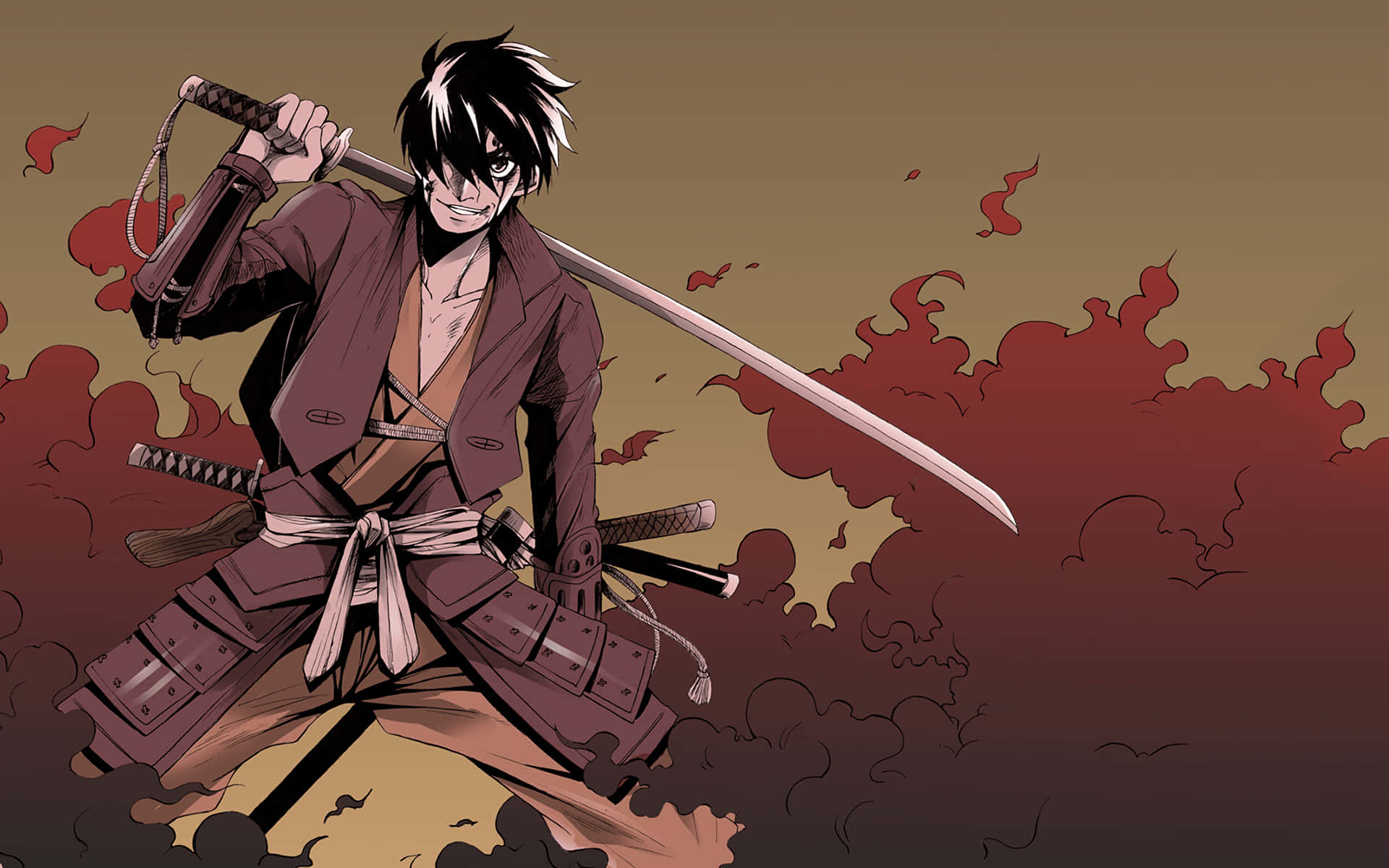 動漫武士戰士以戰鬥姿勢持劍，周圍紅煙旋轉。 — 帥氣 壁紙