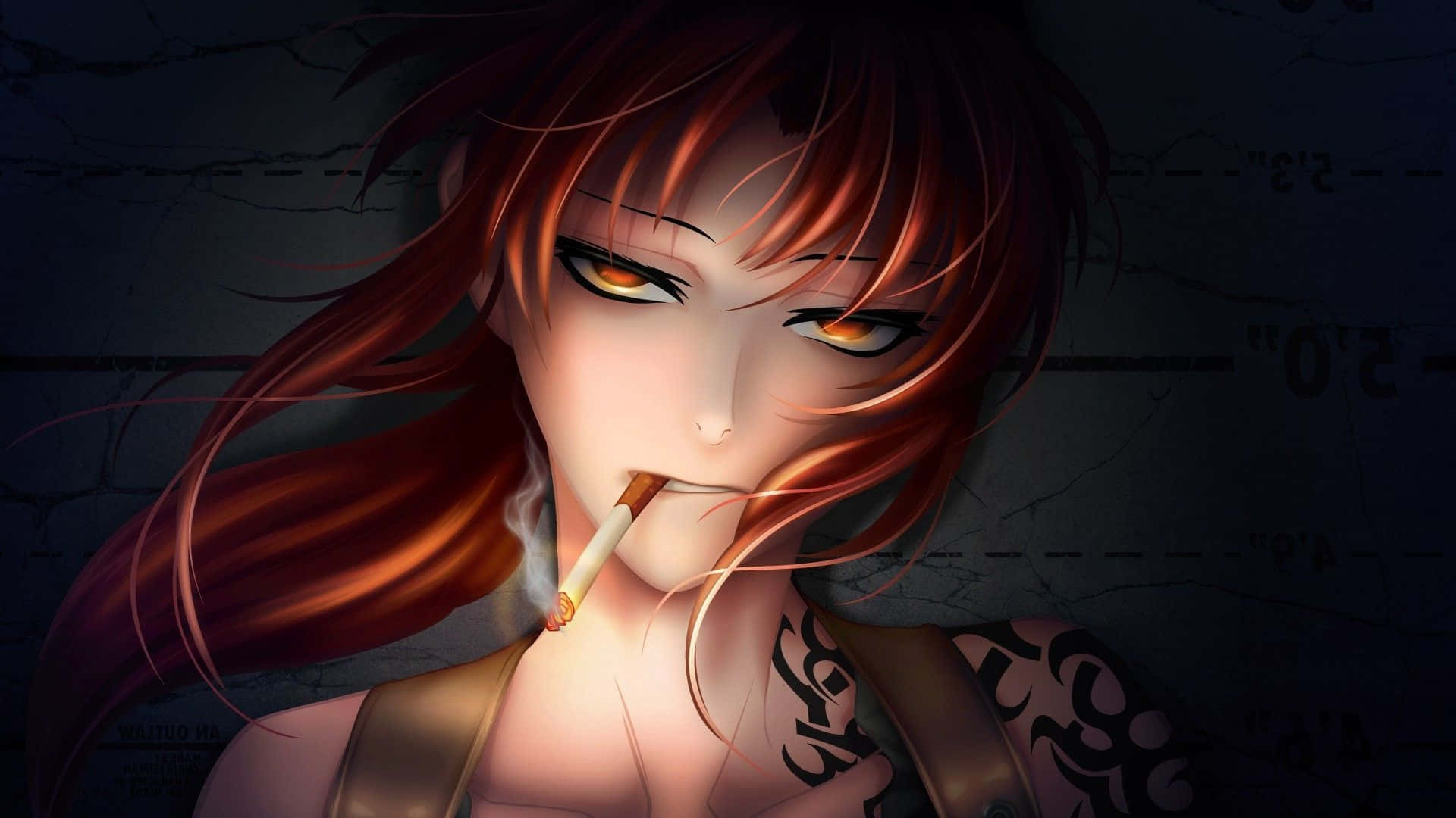帥氣動畫 吸煙的雷維 壁紙 — 一個紅髮動漫女孩，擁有發光的橙色眼睛，在裂縫牆壁背景下抽煙。