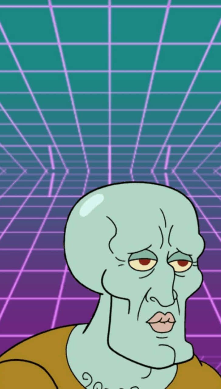 Squidward Tentacles 在復古網格背景中帶著疲憊的表情。