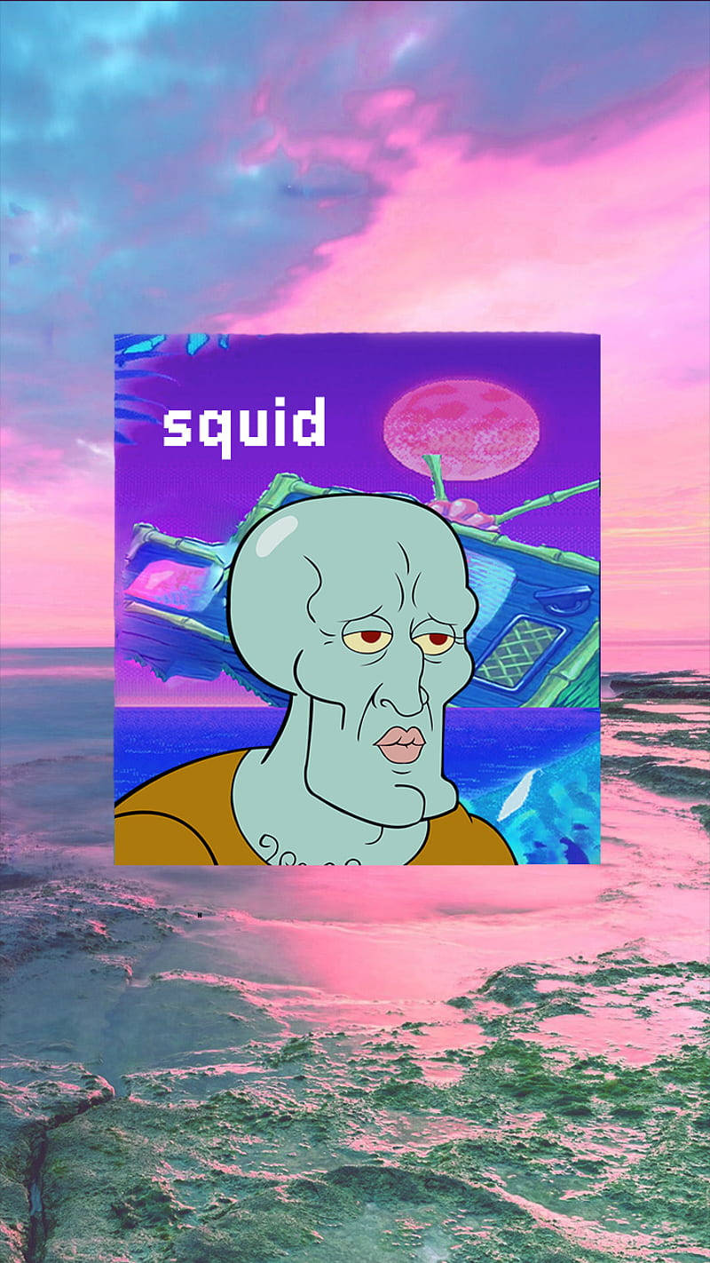 帥氣章魚哥海洋美學 壁紙 — 一個卡通魷魚角色帶着疲憊的表情漂浮在超現實的海洋中，天空是粉紅和紫色的日落。