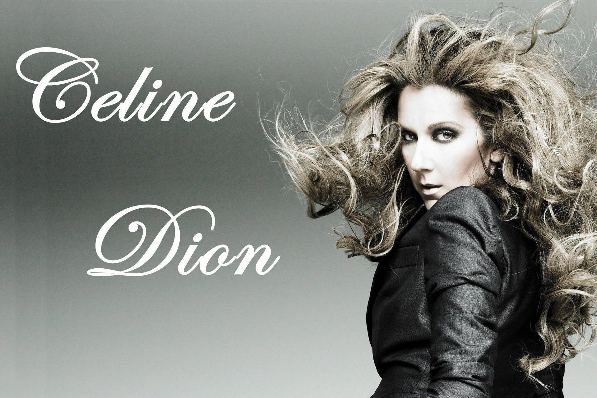 Celine Dion 身穿黑色外套，頭髮隨風飄揚，眼神凌厲。