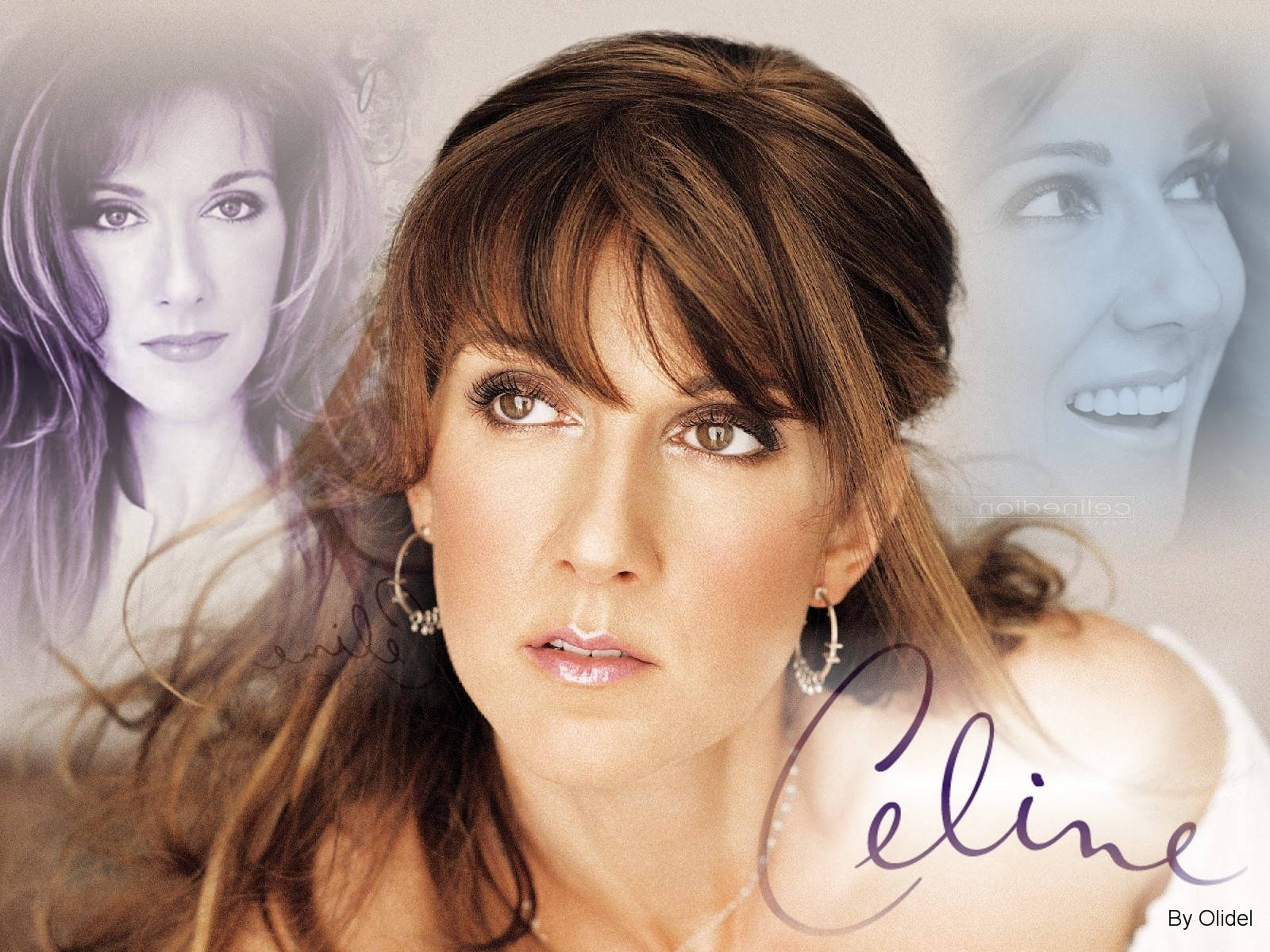 Celine Dion 嘅肖像，背景有佢臉部嘅半透明粉彩版本。