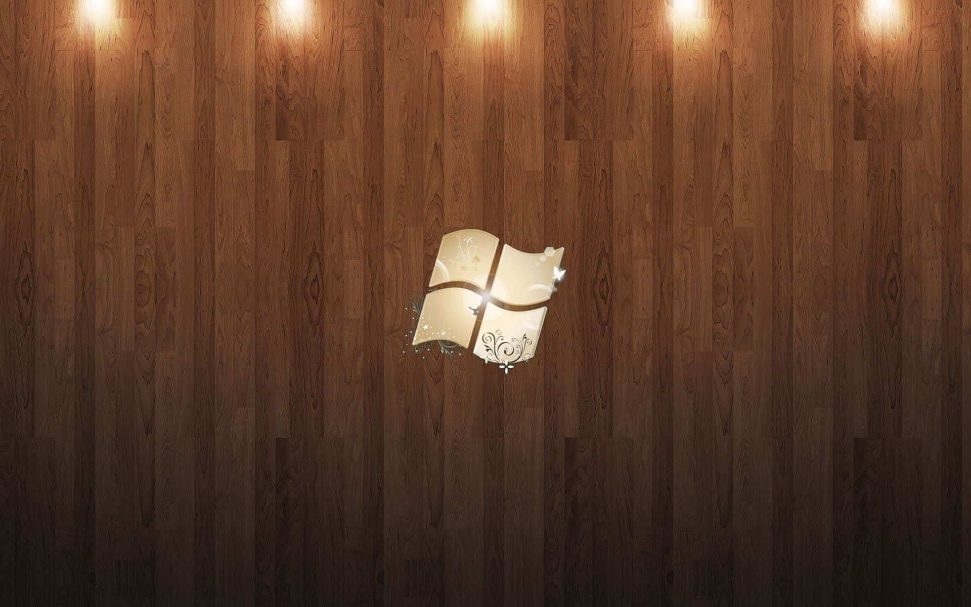 Windows標誌在木地板上發光，溫暖燈光下