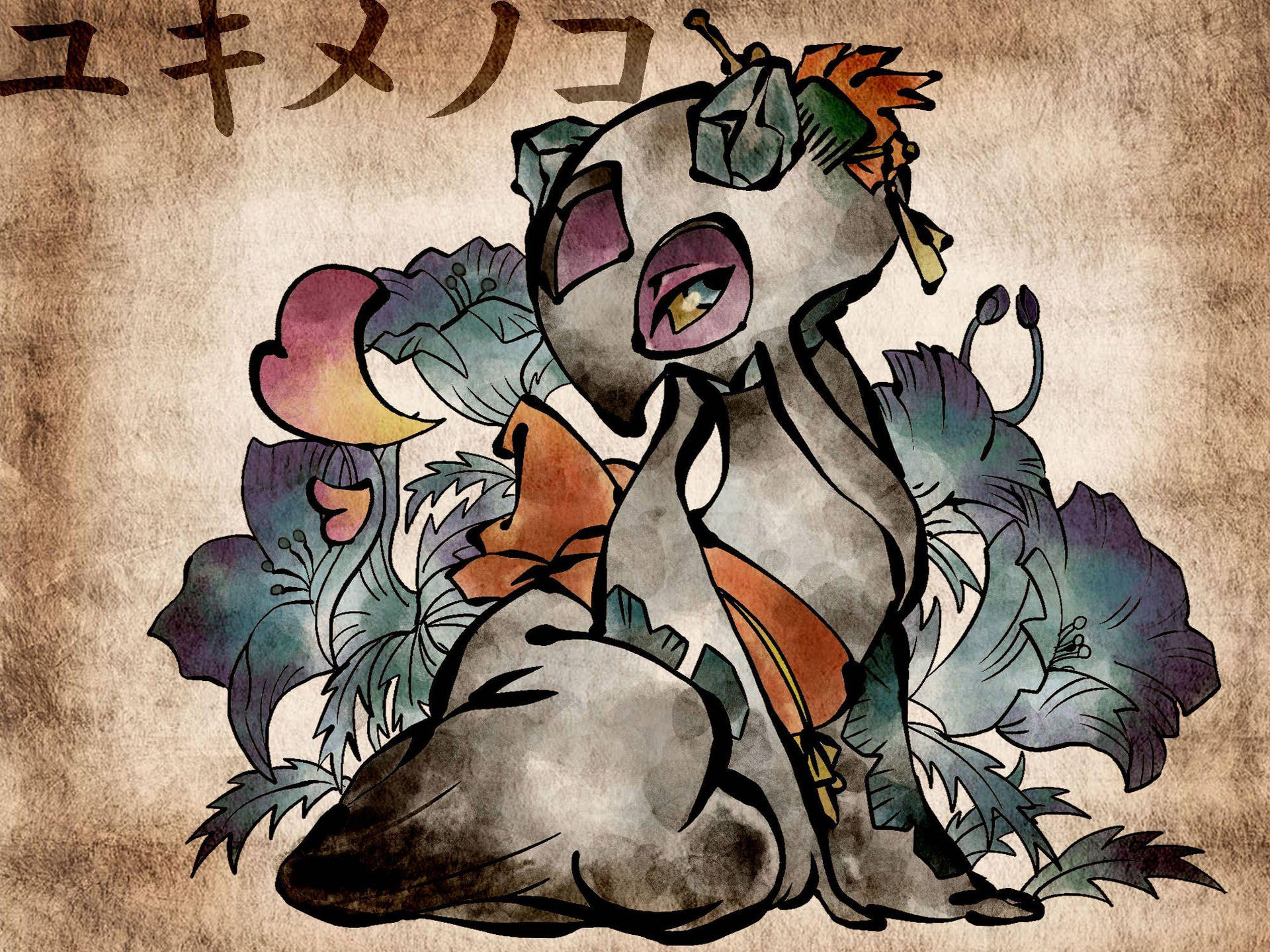 帶中文文字的Froslass藝術作品 壁紙 — 一個風格化的生物，有著大眼睛和花卉裝飾，坐在紋理羊皮紙上，周圍是鮮豔的紫色和橙色花朵。