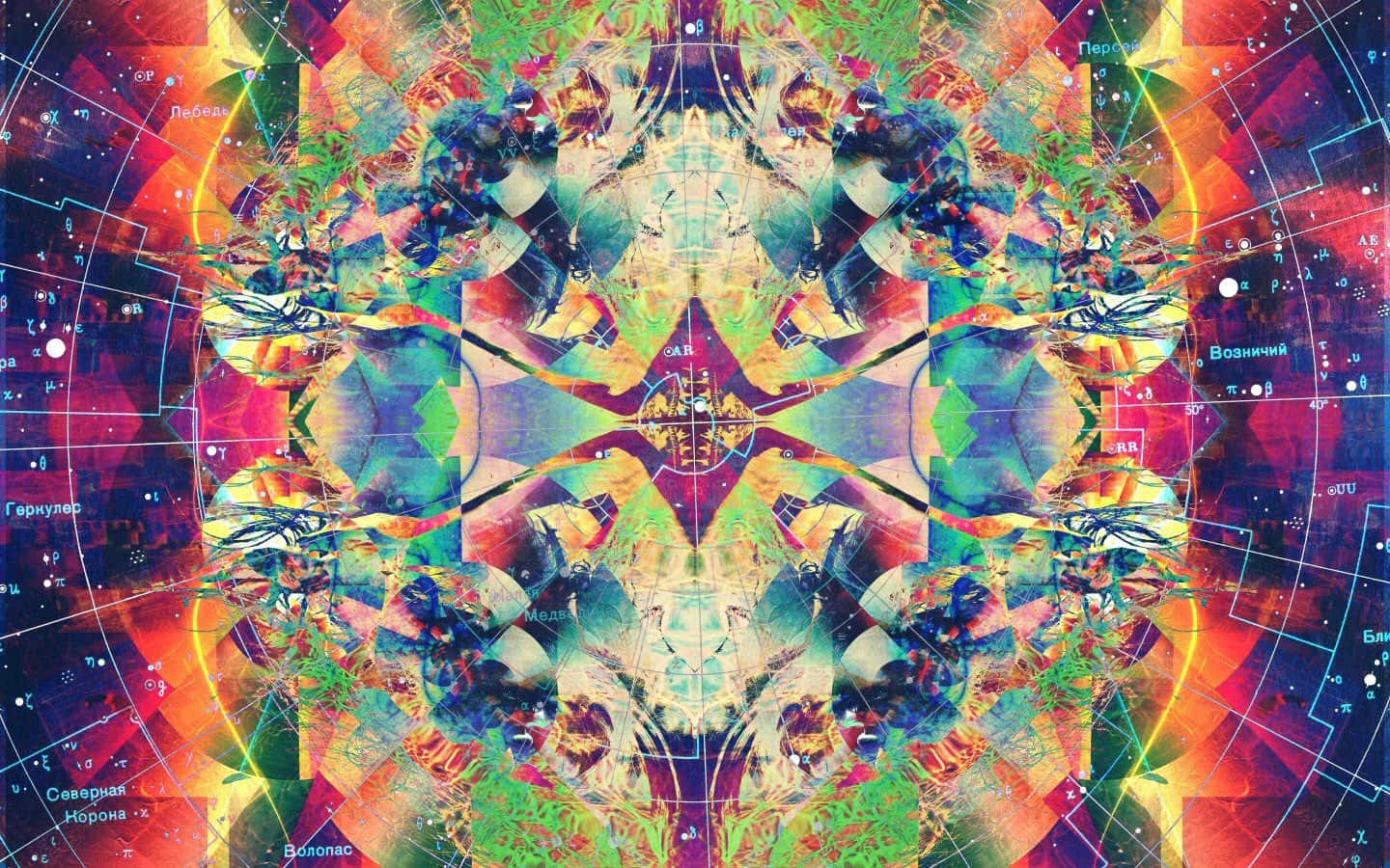 帶你桌面進入迷幻冒險 壁紙 — 一個萬花筒般的宇宙曼陀羅，色彩鮮豔，星圖從中央幾何核心向外輻射。