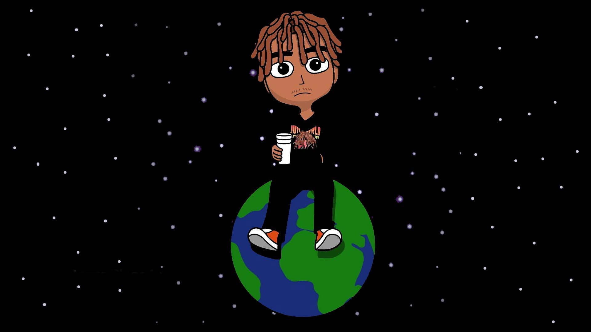 帶有辮子頭的卡通角色坐在地球上，在繁星點點的太空中拿著咖啡杯。