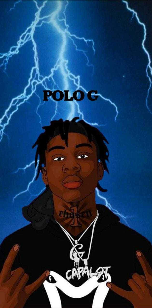 Polo G 身穿黑色連帽衫，身後有閃電。