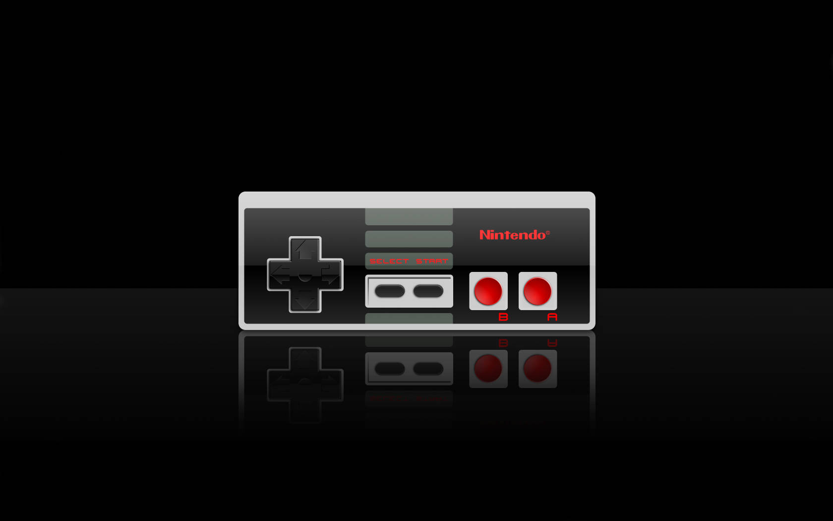 帶倒影 NES 控制器 壁紙 — 經典任天堂娛樂系統控制器在光滑的黑色反光表面上閃耀著紅色按鈕。