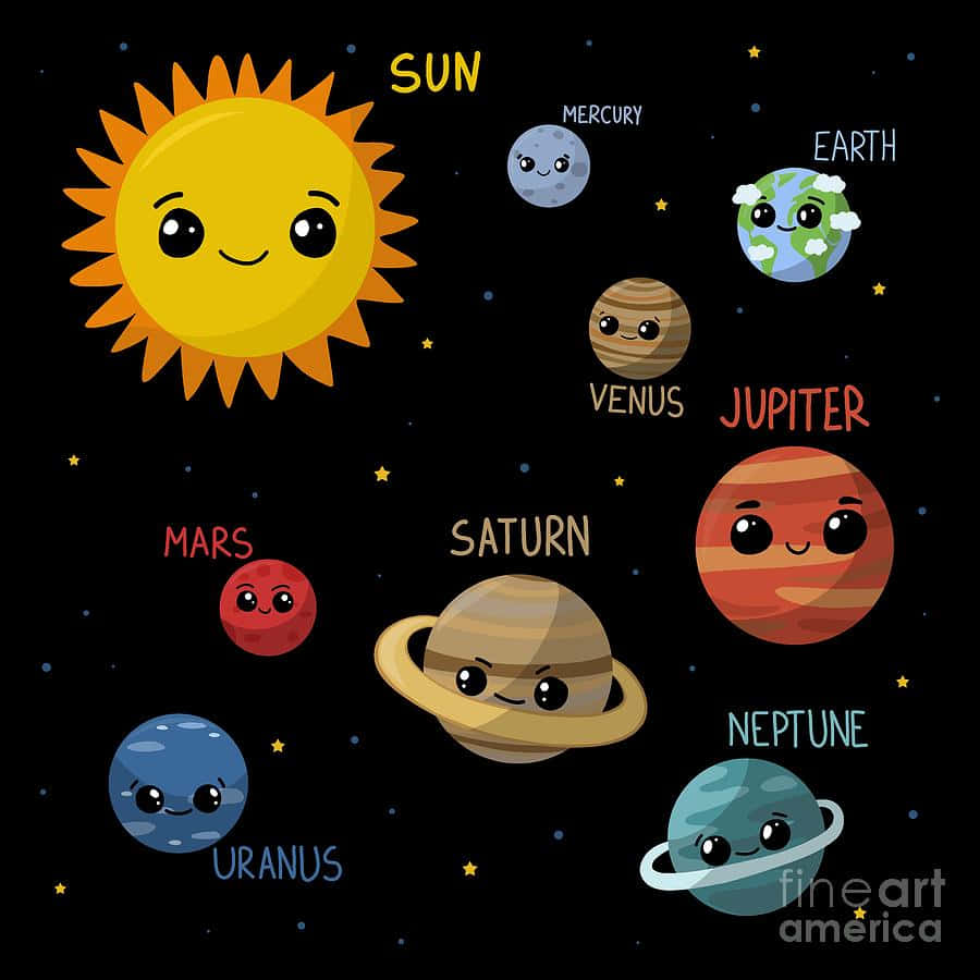 可愛卡通太陽系，有微笑的太陽和行星，背景是星空黑色。