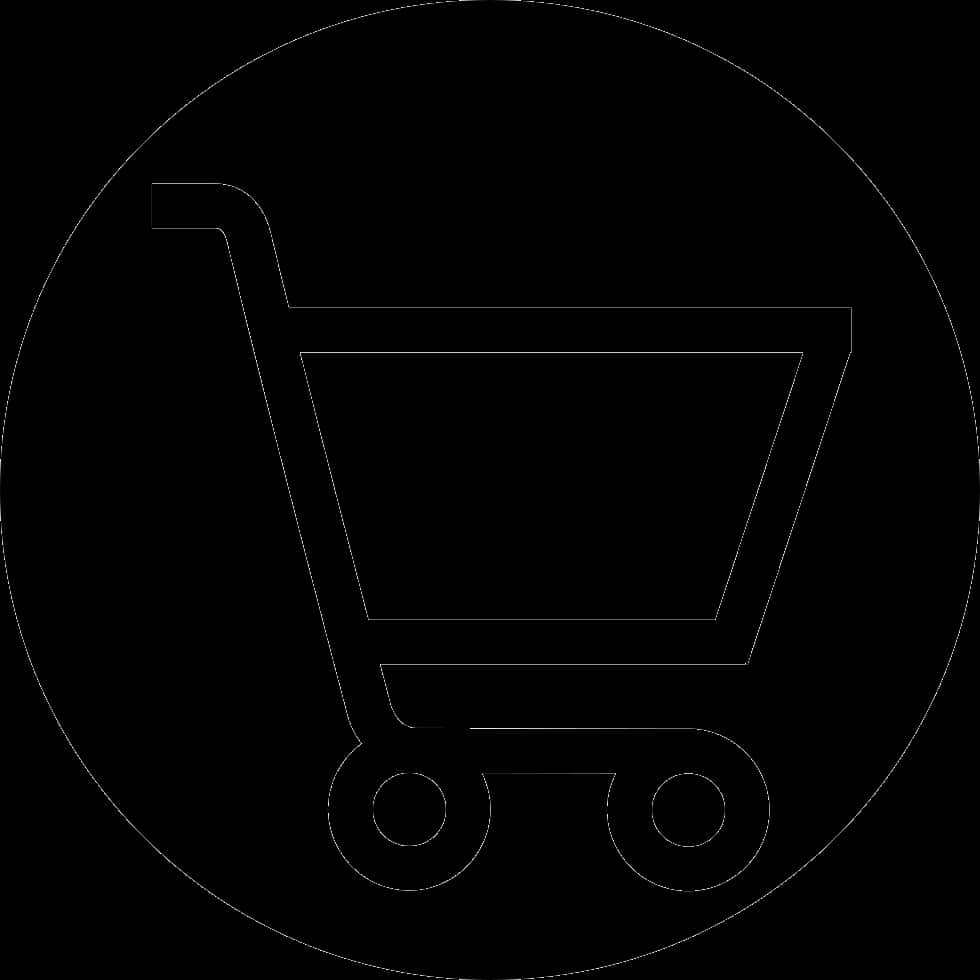 帶圓形邊框的黑色購物車圖示 壁紙 — 一個極簡風格的白色購物車圖示輪廓，置中在黑色背景的圓形內。