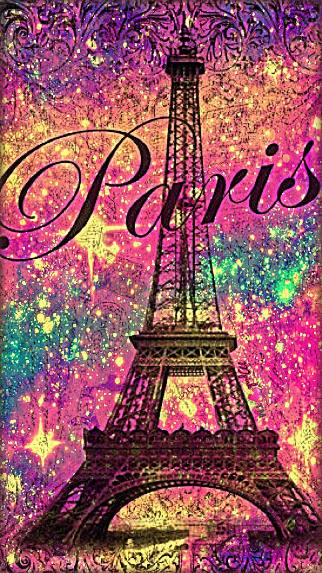 艾菲爾鐵塔搭配閃爍宇宙背景和Paris文字