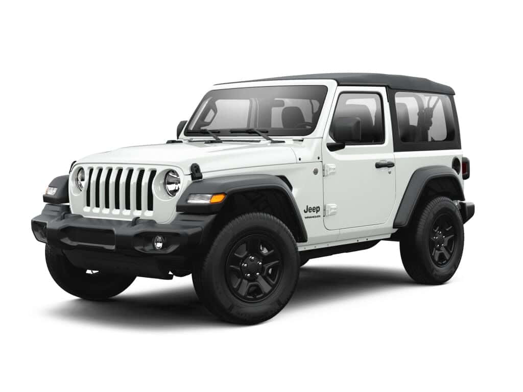 白色Jeep Wrangler，黑色飾邊和軟頂，在工作室燈光下。