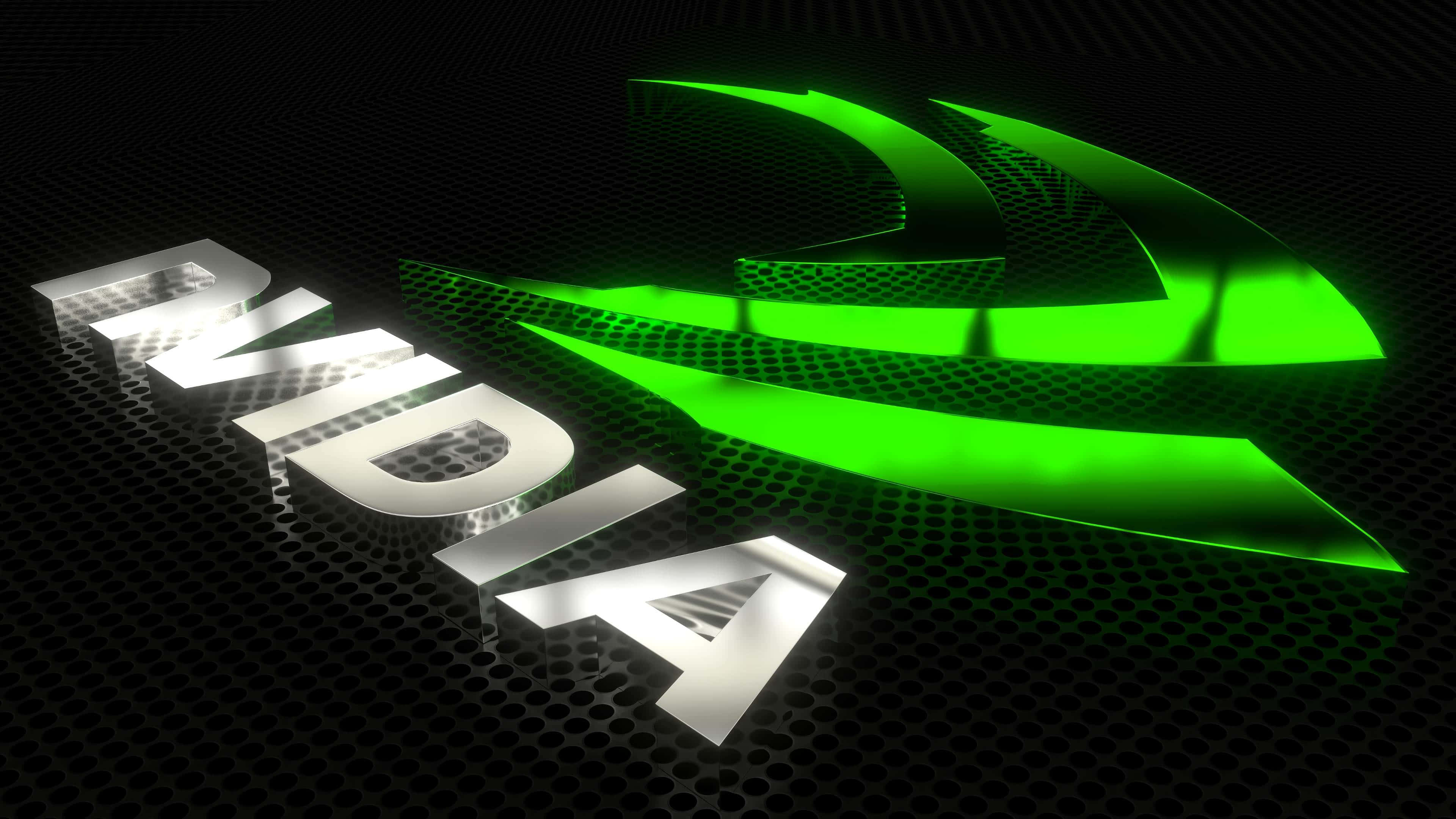 帶文字的NVIDIA 4K UHD標誌 壁紙 — Nvidia 標誌，帶有發光的綠色箭頭和銀色文字，位於黑色穿孔金屬表面上。