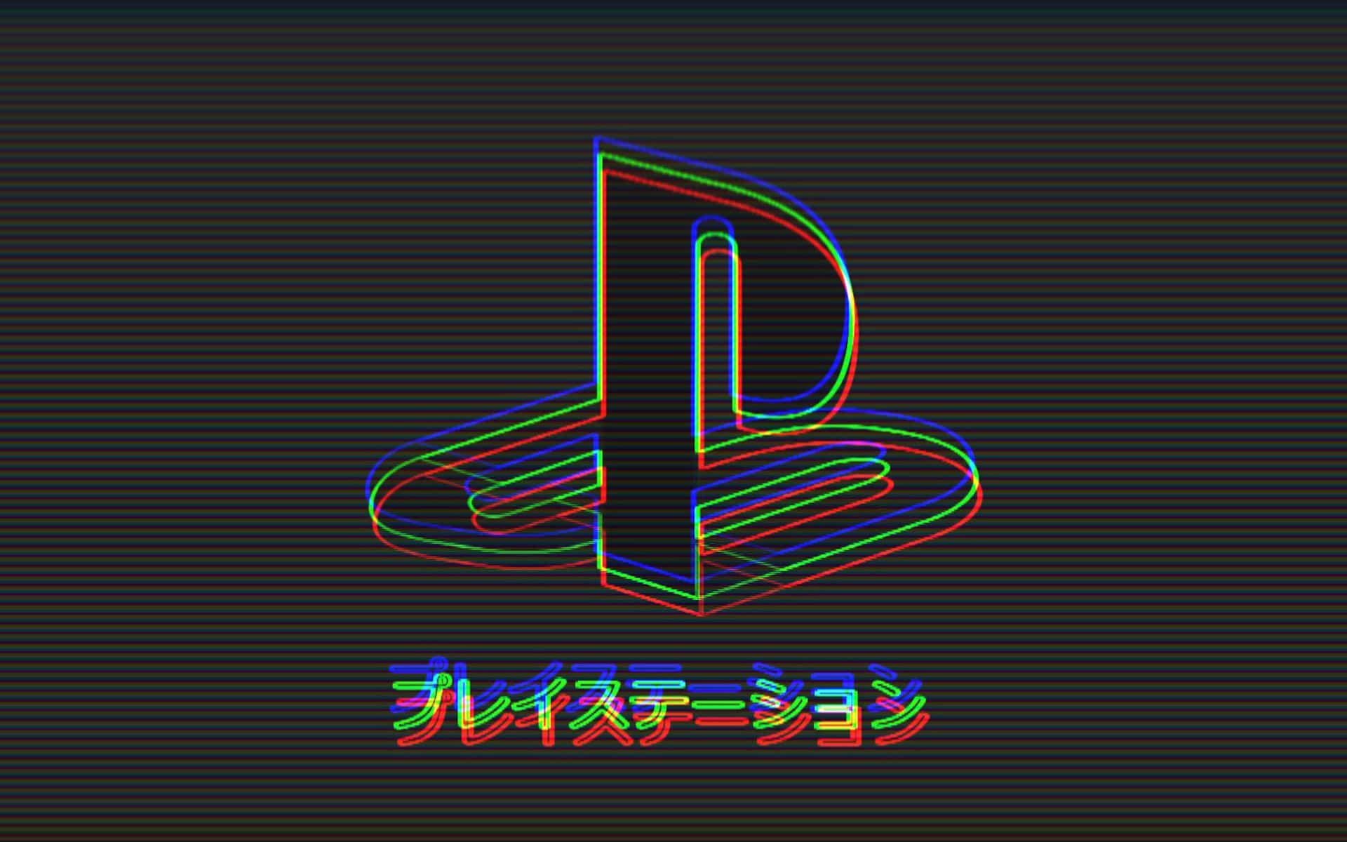 深色背景上帶有故障霓虹色日文文字的PlayStation標誌。