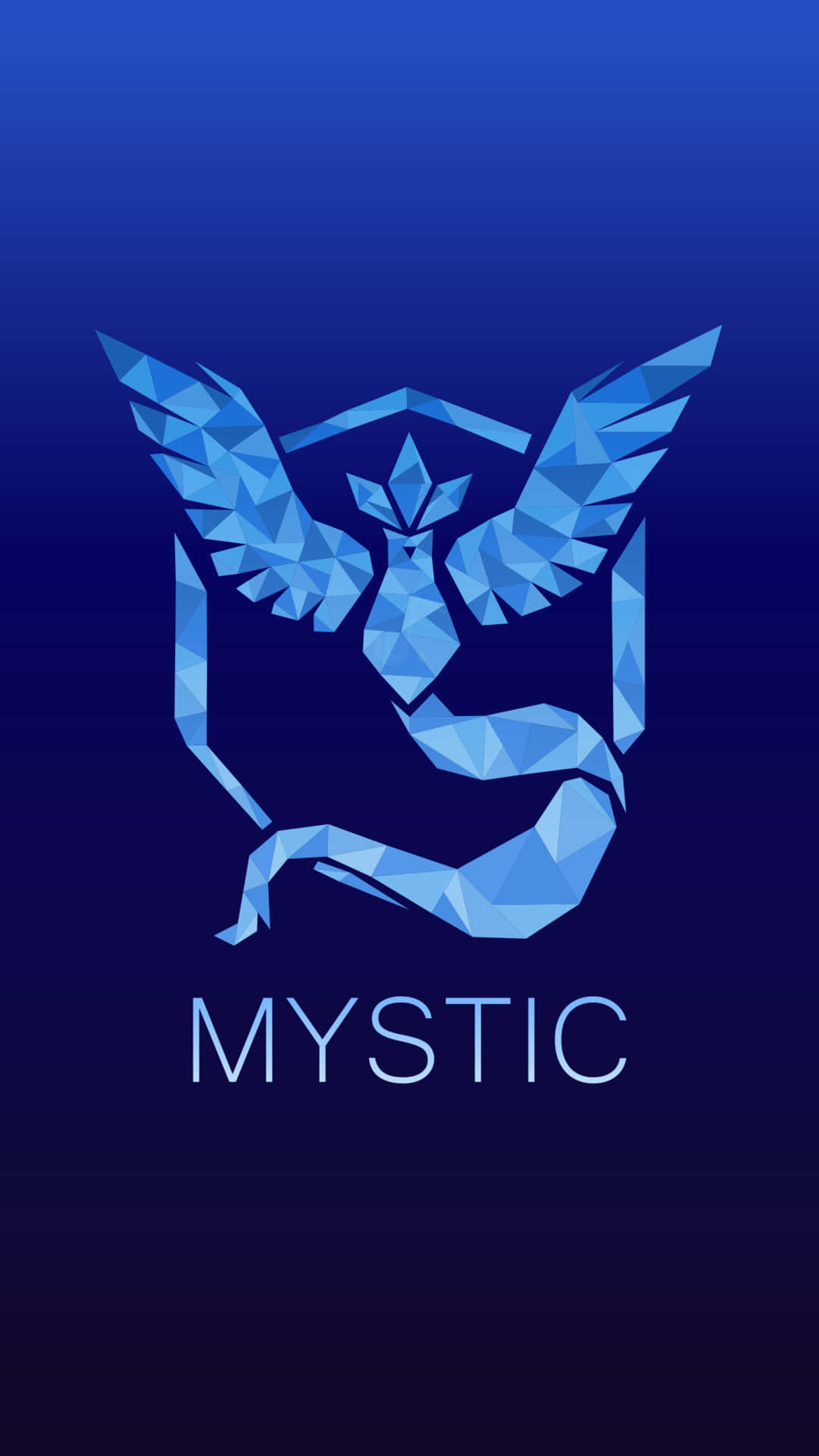 藍色多邊形鳥標誌，在漸變背景上帶有 'mystic' 文字。