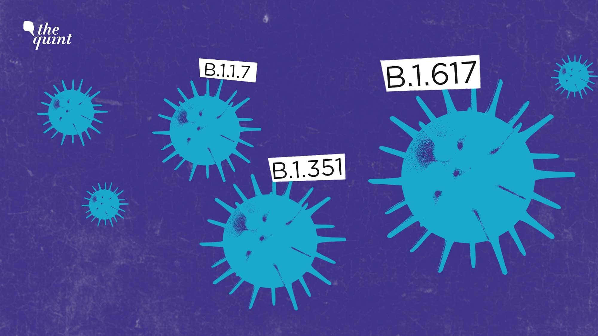 Coronavirus 桌布 壁紙 — 帶有B.1.617等變異株標籤的藍色病毒粒子插圖，漂浮在紋理紫色背景上。