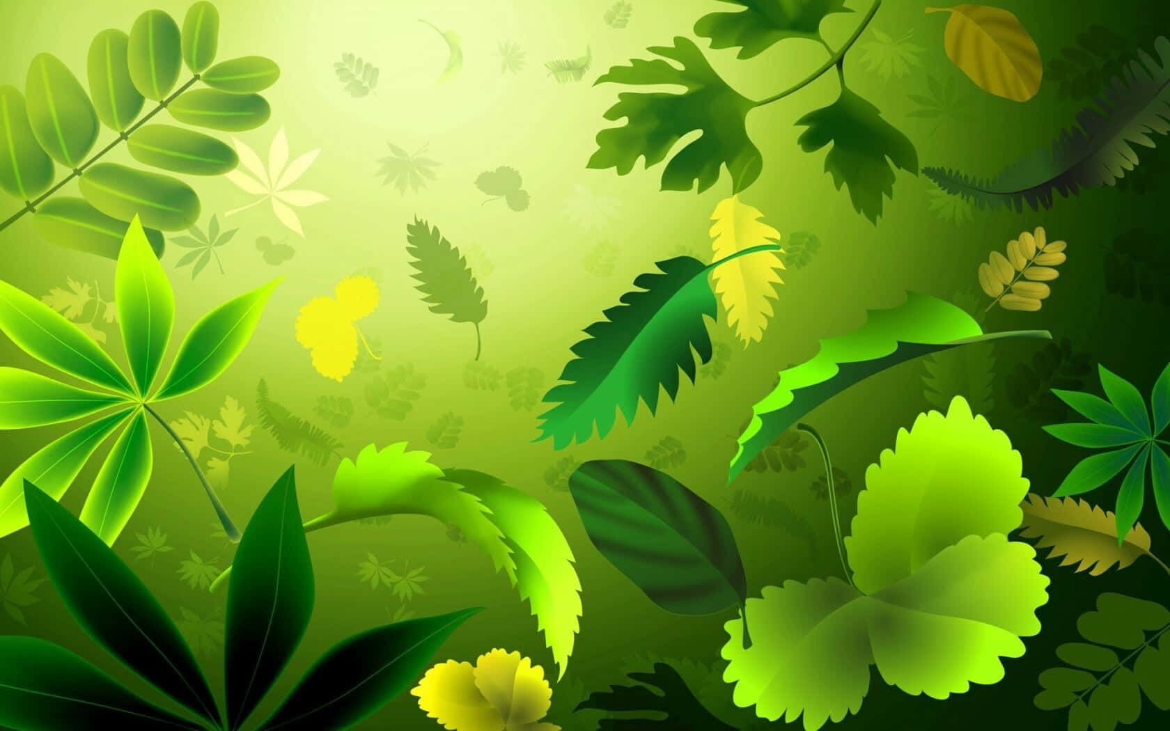 帶有優雅紋理的廣闊緞面綠色 壁紙 — 充滿活力的綠色葉片和黃色點綴漂浮在茂密的數位叢林中，伴隨著柔和的光芒。