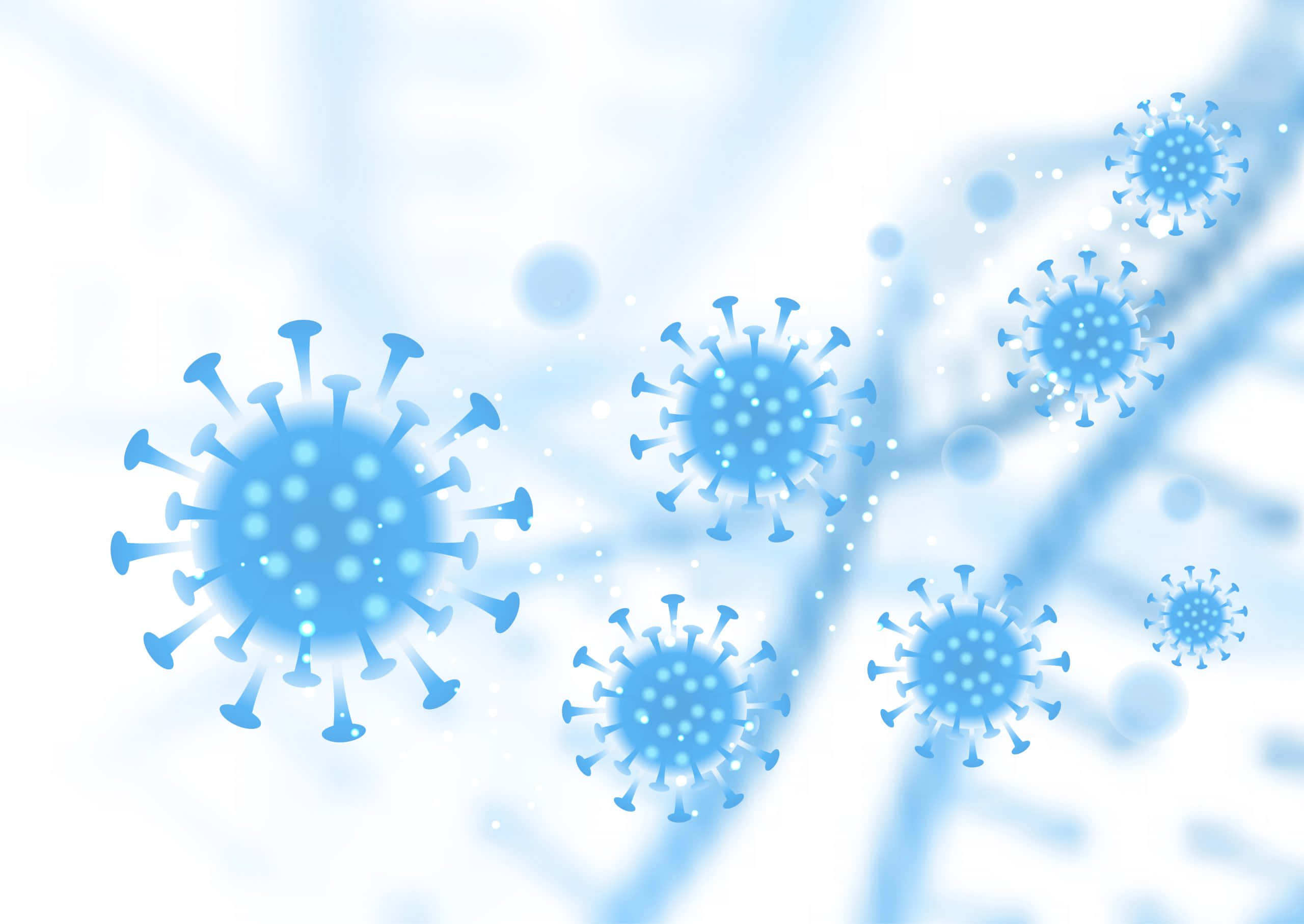Coronavirus 桌布 壁紙 — 帶有刺突蛋白的藍色病毒粒子漂浮在柔和模糊的淺藍色背景上。
