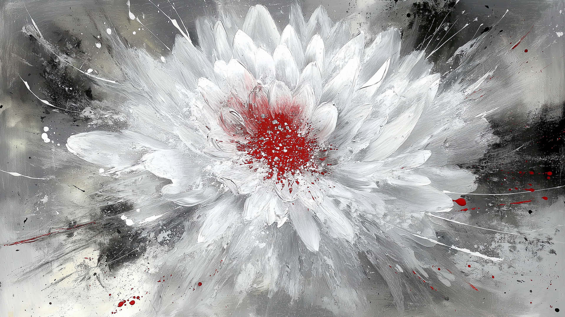 灰色黑色飛濺背景上帶紅色中心的白色抽象花朵