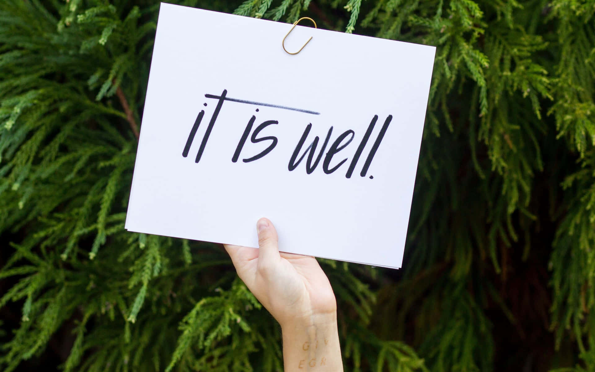 手舉著寫有「it is well」的標牌，背景為綠色植物。