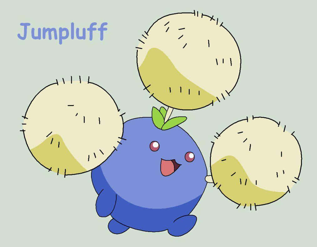 帶有名字的 Jumpluff 壁紙 — 一隻開心的藍色Jumpluff，帶有蓬鬆的奶油色絨球和頭上的綠色葉子，在淡綠色背景上快樂地微笑。