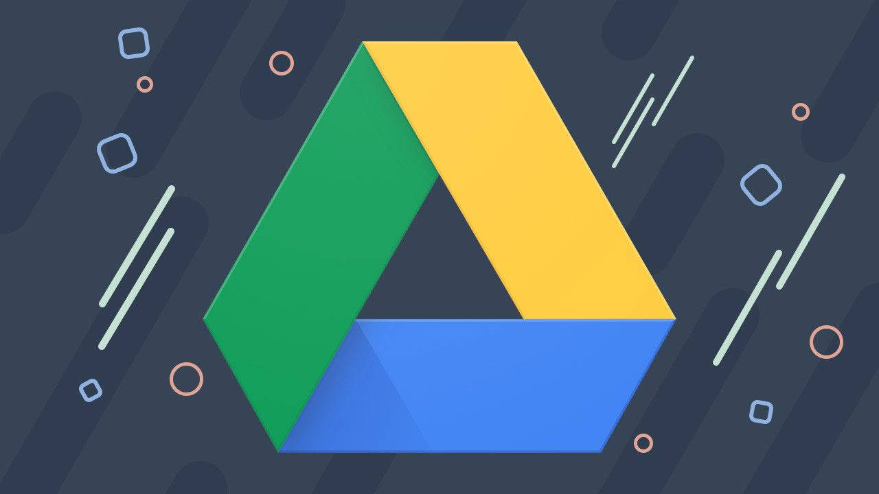 深色背景上帶有彩色幾何形狀的 Google Drive 標誌。
