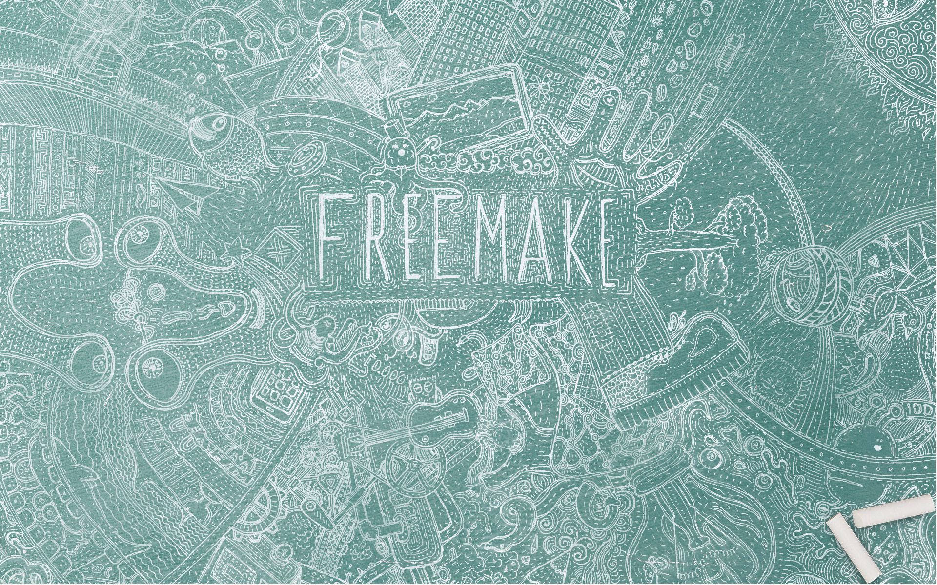 青綠色黑板，有白色粉筆塗鴉和「FREEMAKE」字樣。