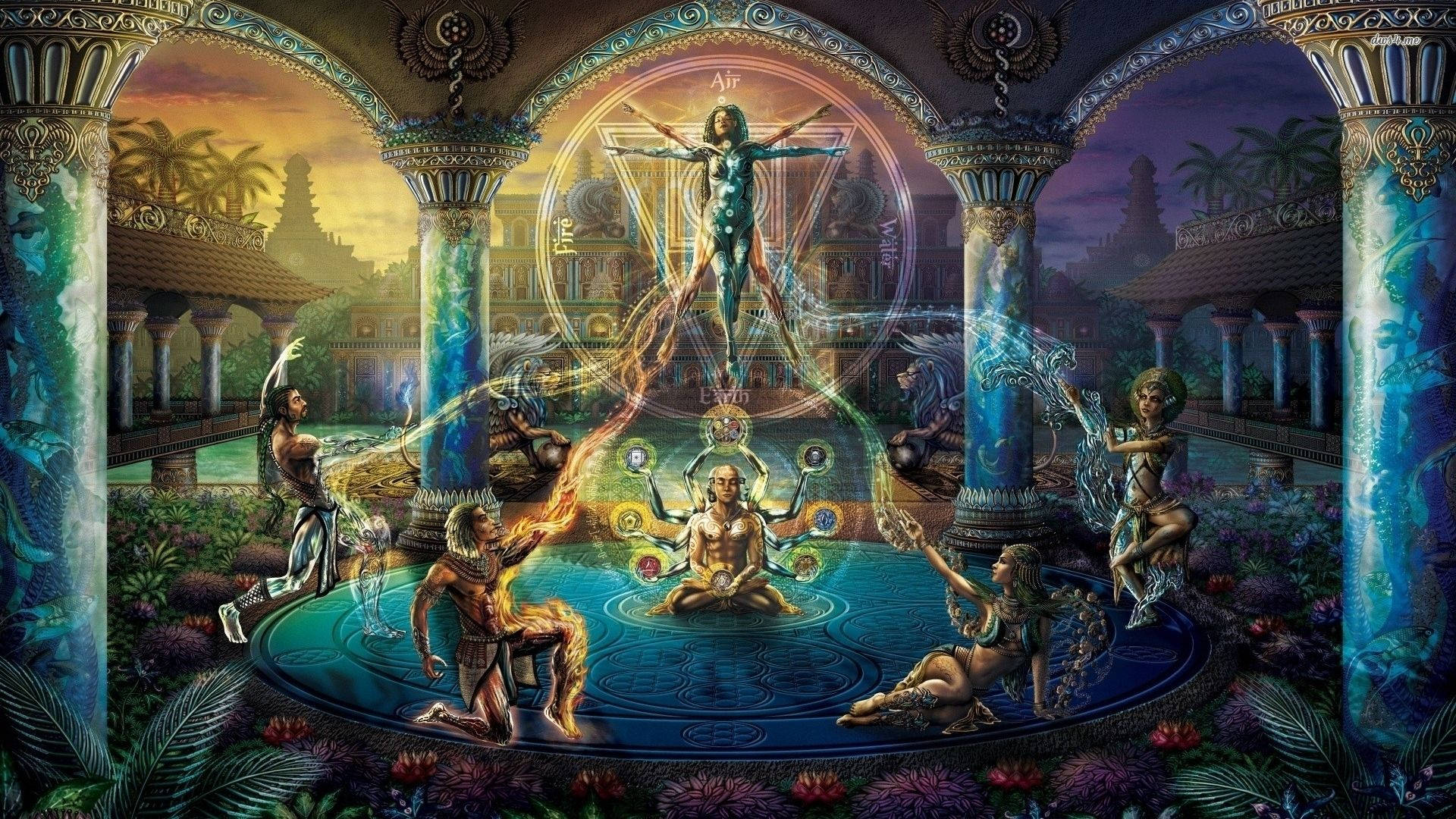 帶有大地元素符號的刻耳柏洛斯 壁紙 — 黃昏時分神秘寺廟庭院，元素精靈圍繞著發光拱門下的中心人物。